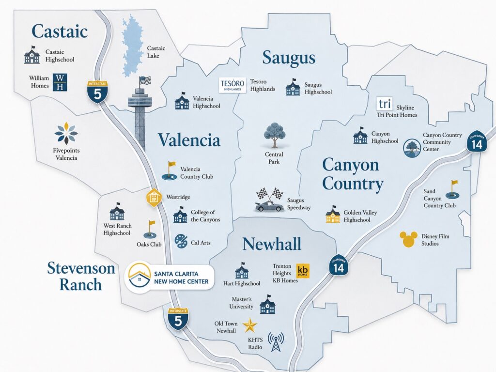 Illustrated map of Santa Clarita showing Castaic, Saugus, Valencia, Canyon Country, Newhall and Stevenson Ranch, with the Santa Clarita New Home Center location marked